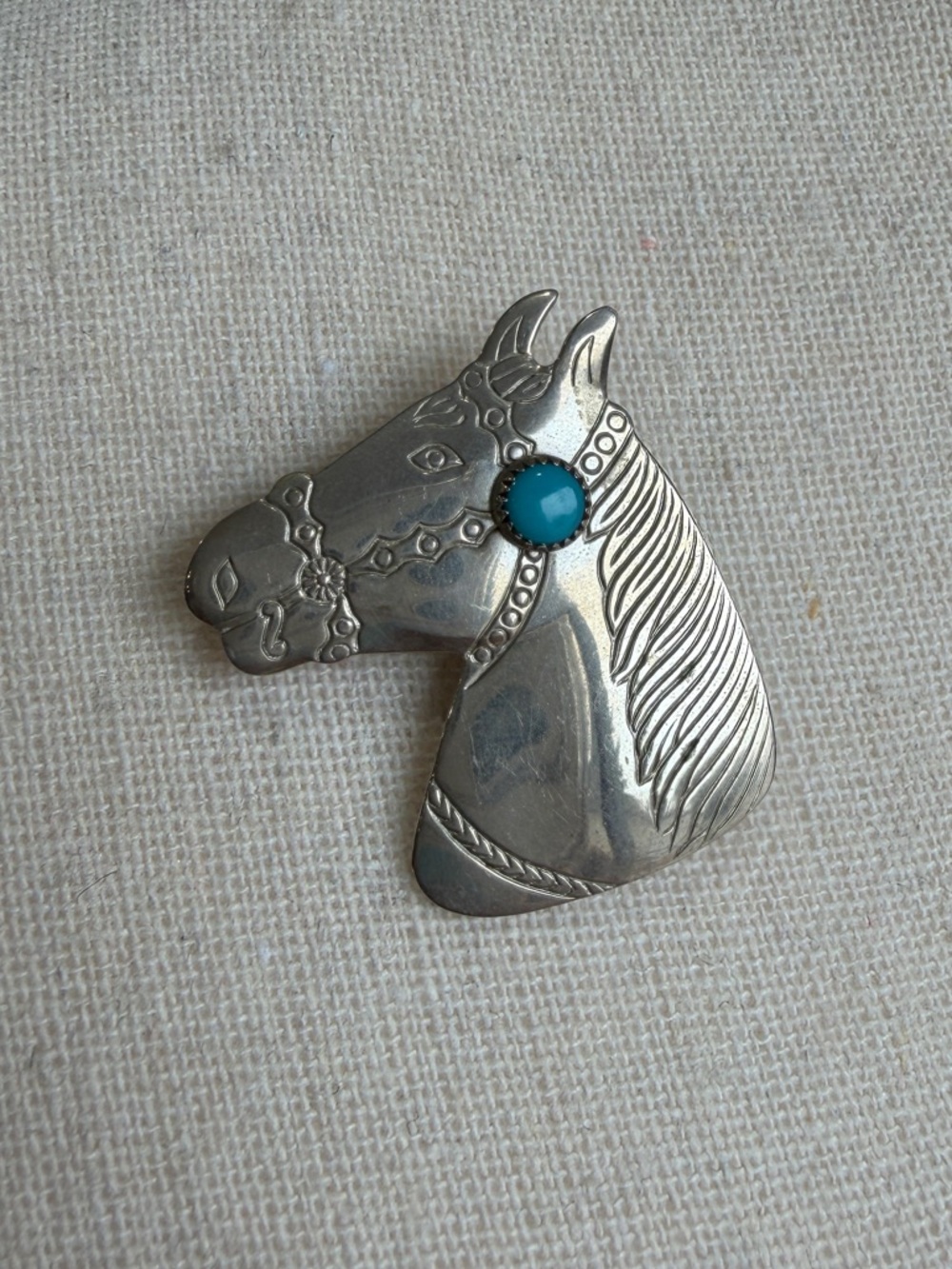 Sterling Silver Horse Head Brooch with Genuine Turquoise Eye Accent